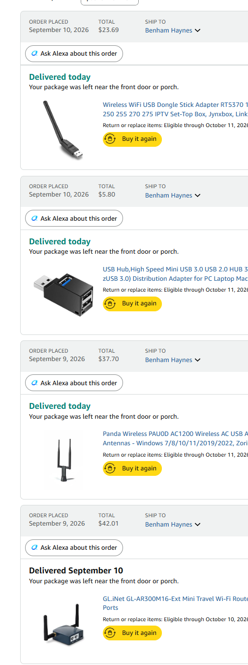 Amazon order history for the build parts