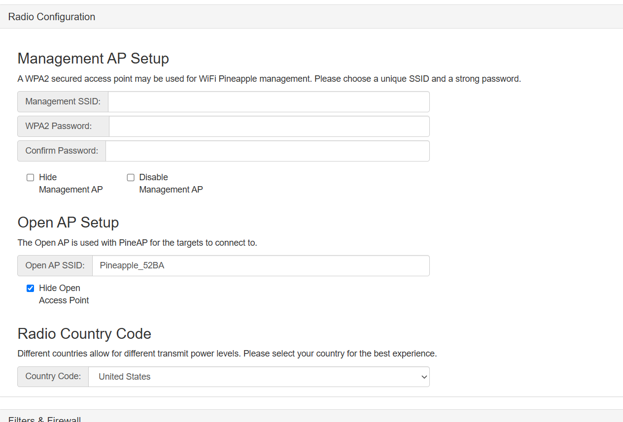 WiFi Pineapple Radio Configuration screen