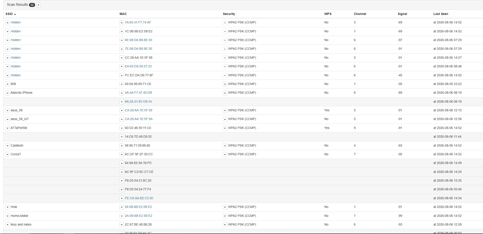Recon scan results listing nearby networks